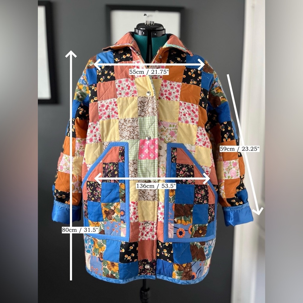 Upcycled vintage patchwork quilt chore coat, ladies' size L-2XL - Picture 2 of 11